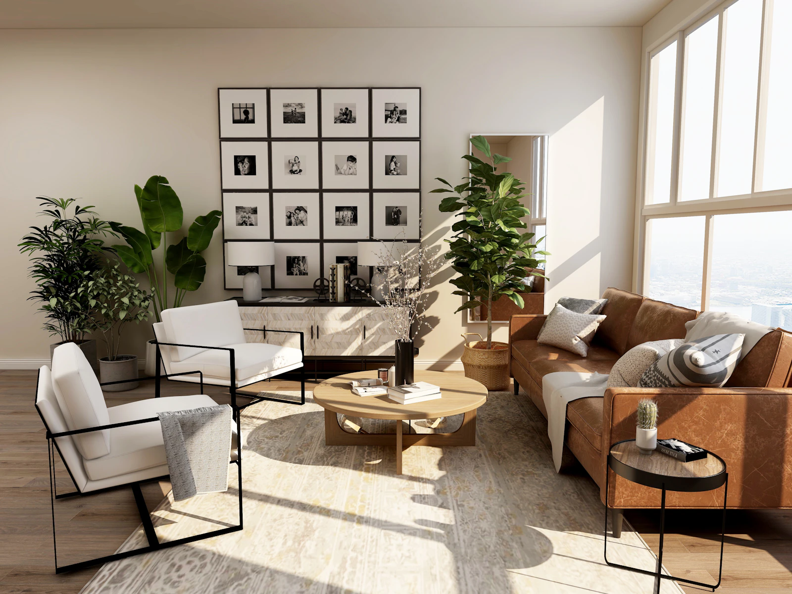 Luxury living interior with layered lighting and materials